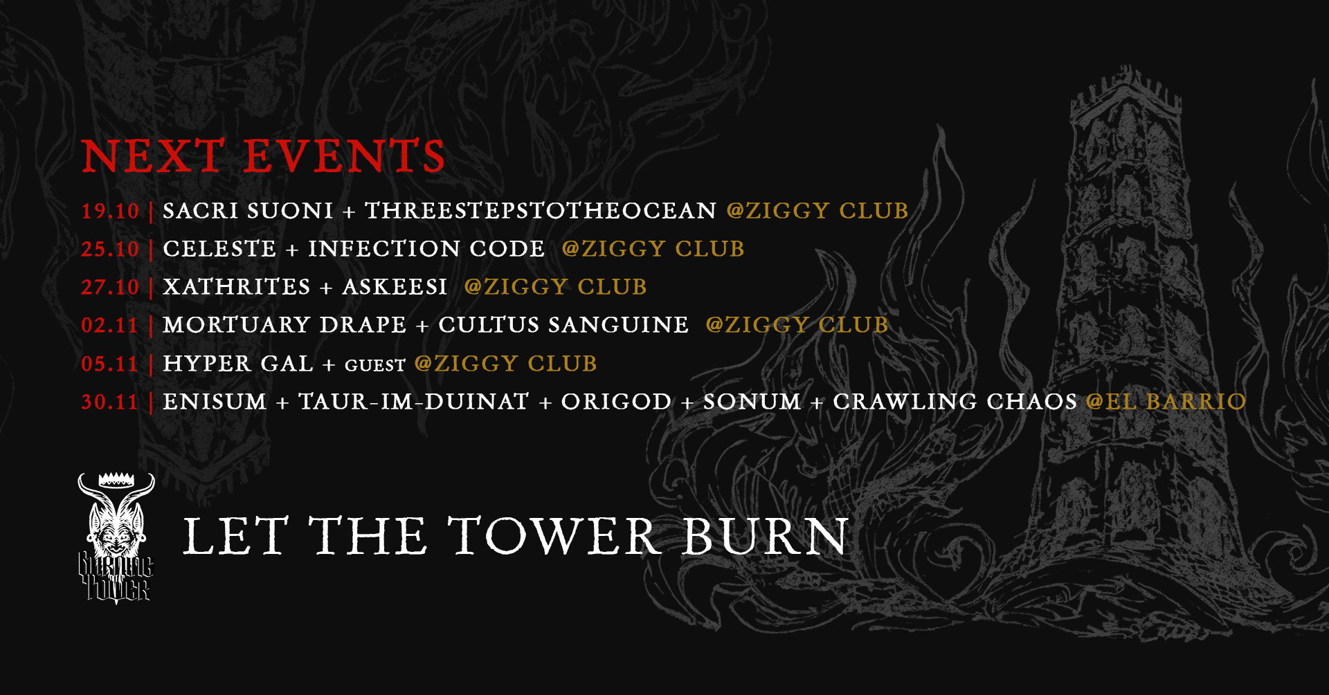 EVENTI BURNING TOWER NOVEMBRE: MORTUARY DRAPE // HYPER GAL // ENISUM